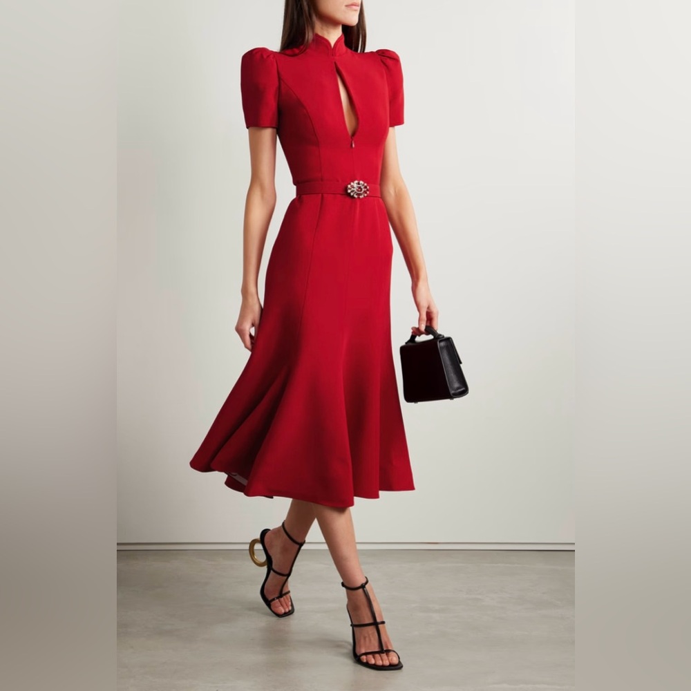 Andrew GN Belted crystal and faux pearl-embellished crepe midi dress